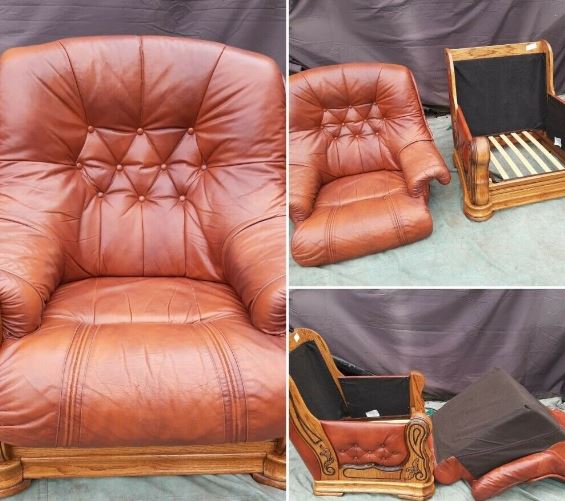 2 soft leather and carved wood armchairs with matching footstool