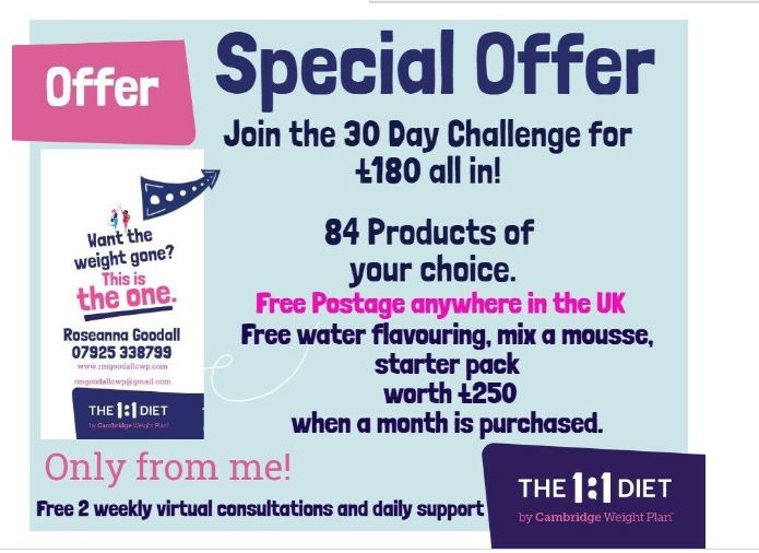SPECIAL OFFER A Month on the 1:1 DIET by Cambridge Weight Plan!! 30 day Challenge, Worth £250